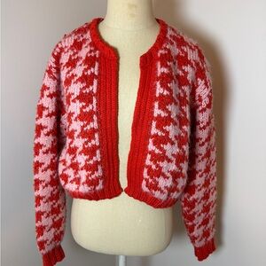 Zara Red and Pink Houndstooth Cardigan NEW SZ Small